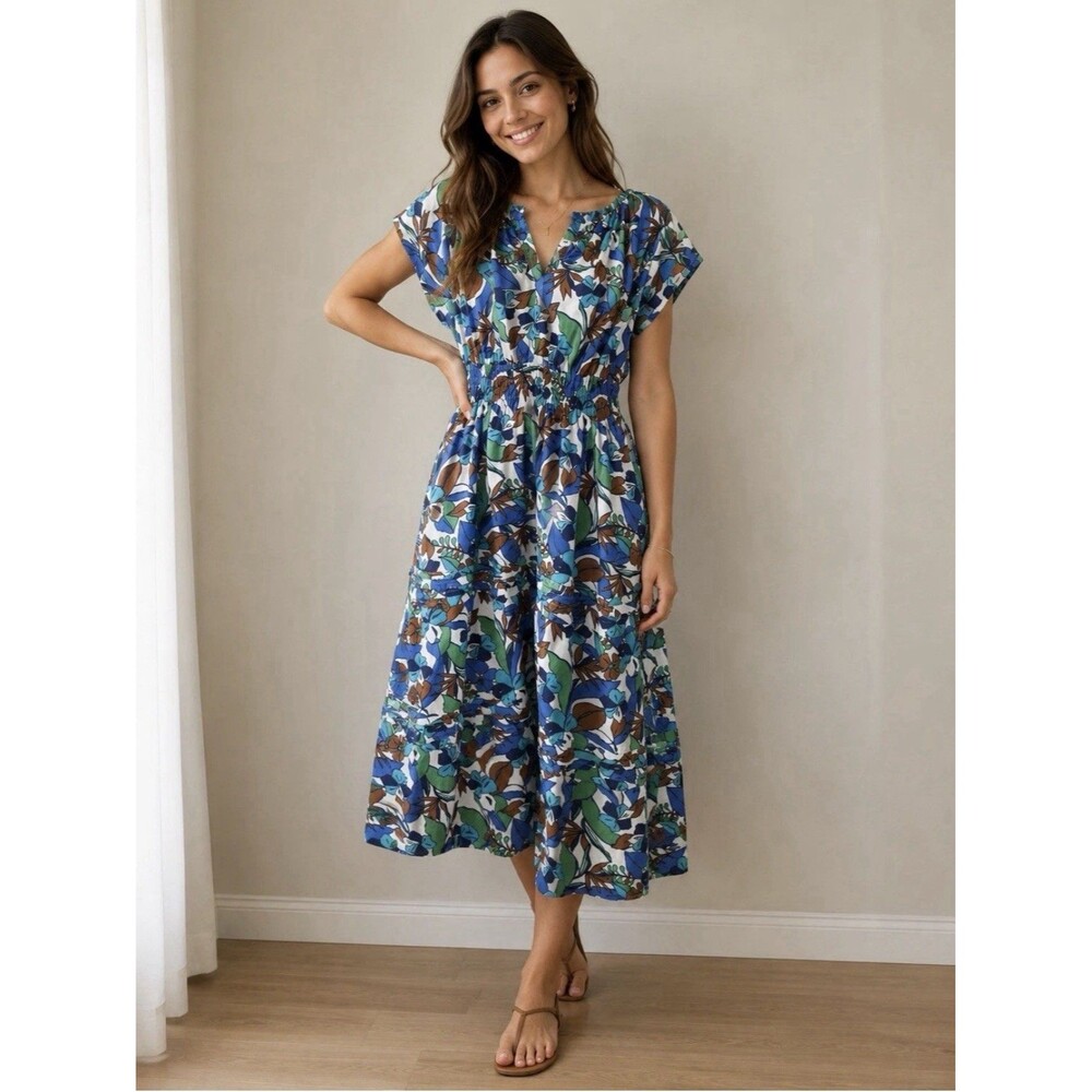 C&C California Linen Blend Maxi Dress Tropical Print Fit And Flare Large Coastal